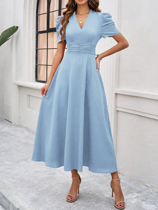 Elegant Solid Color Waist Dress – Deep V Neck, Spring-Summer Style