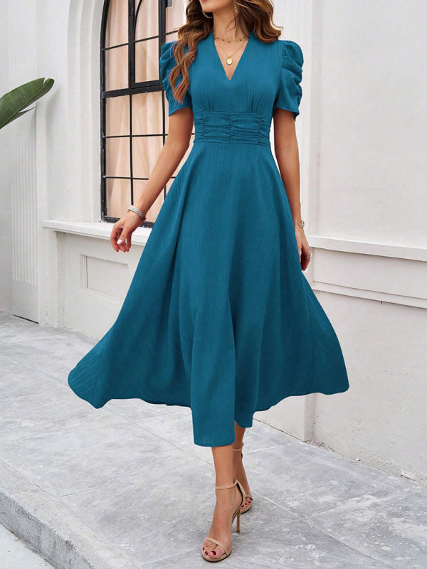 Elegant Solid Color Waist Dress – Deep V Neck, Spring-Summer Style