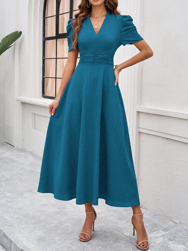 Elegant Solid Color Waist Dress – Deep V Neck, Spring-Summer Style