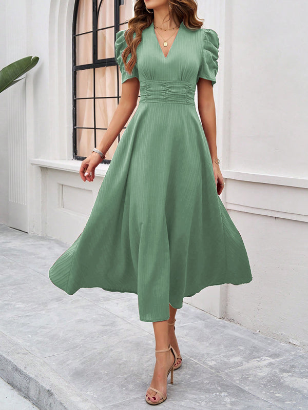 Elegant Solid Color Waist Dress – Deep V Neck, Spring-Summer Style