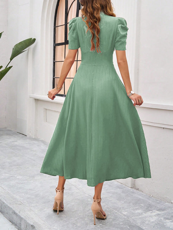 Elegant Solid Color Waist Dress – Deep V Neck, Spring-Summer Style