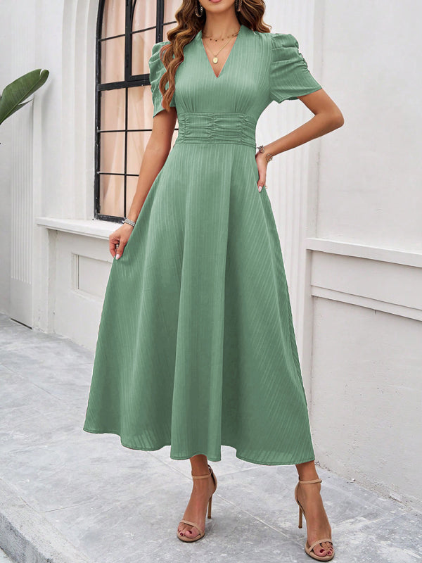 Elegant Solid Color Waist Dress – Deep V Neck, Spring-Summer Style