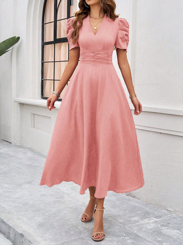 Elegant Solid Color Waist Dress – Deep V Neck, Spring-Summer Style