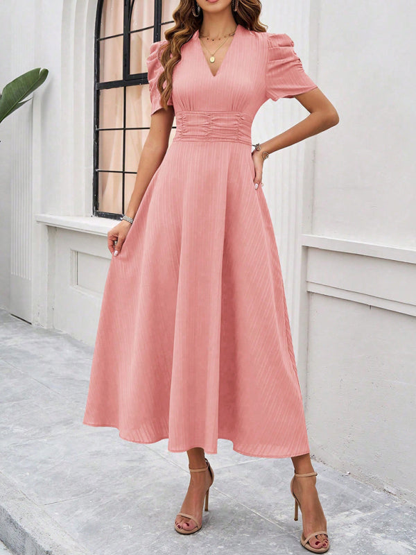 Elegant Solid Color Waist Dress – Deep V Neck, Spring-Summer Style
