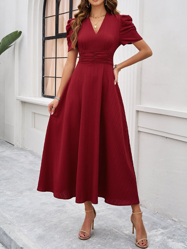 Elegant Solid Color Waist Dress – Deep V Neck, Spring-Summer Style