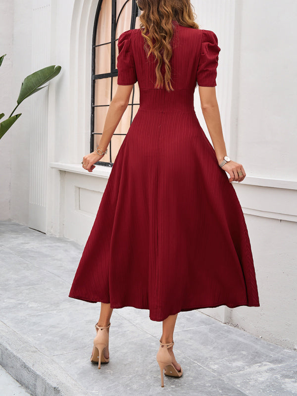 Elegant Solid Color Waist Dress – Deep V Neck, Spring-Summer Style