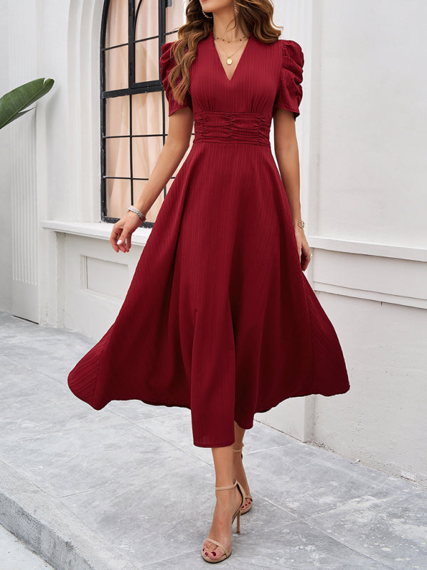 Elegant Solid Color Waist Dress – Deep V Neck, Spring-Summer Style