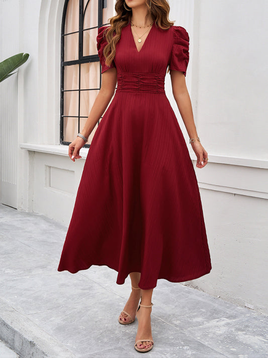 Elegant Solid Color Waist Dress – Deep V Neck, Spring-Summer Style