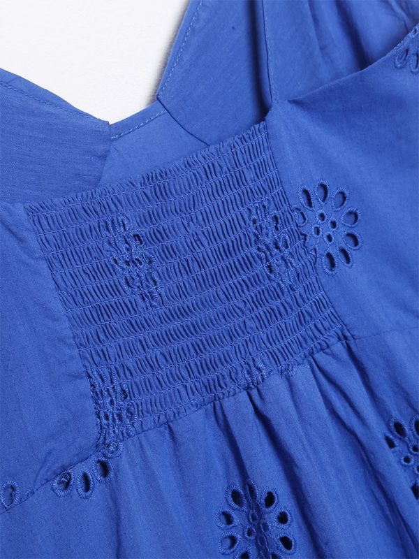 Layered Hollow Bra Short Dress – Cotton Blend, Embellished, Blue, Spring Style