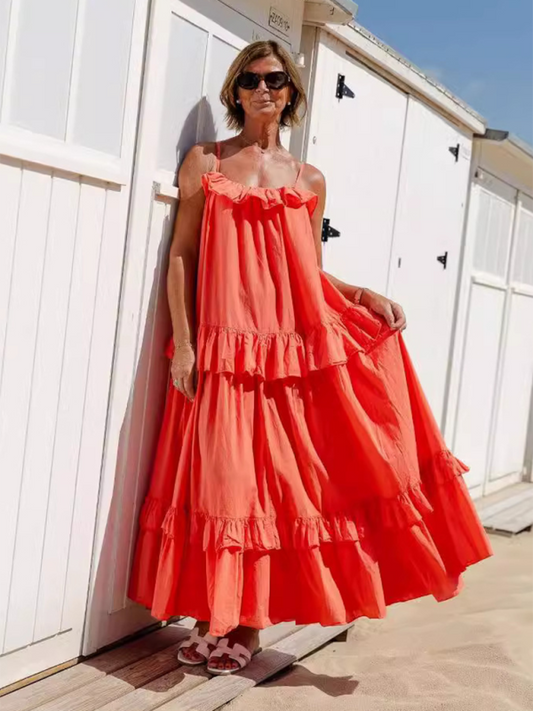 Ruffled Long Swing Holiday Dress – Lightweight Cotton Blend Beach Maxi