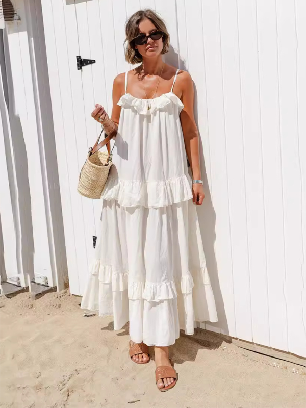 Ruffled Long Swing Holiday Dress – Lightweight Cotton Blend Beach Maxi