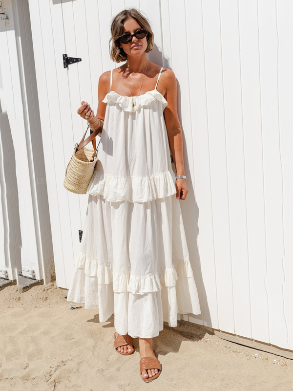 Ruffled Long Swing Holiday Dress – Lightweight Cotton Blend Beach Maxi