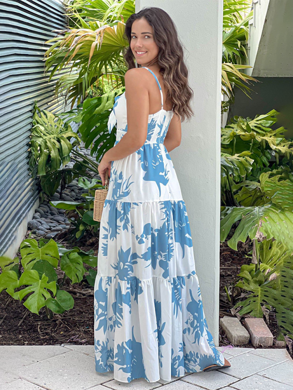 Printed Suspender Maxi Vacation Dress with Hollow Lace – Blue