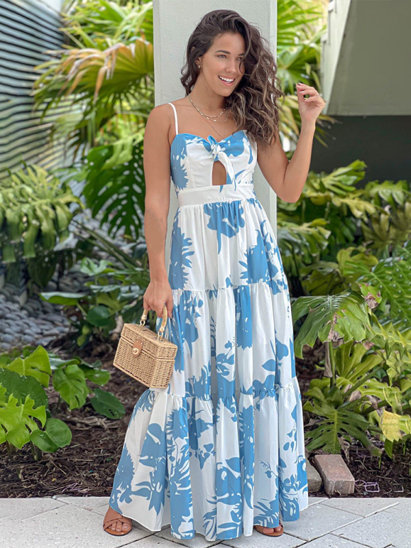 Printed Suspender Maxi Vacation Dress with Hollow Lace – Blue