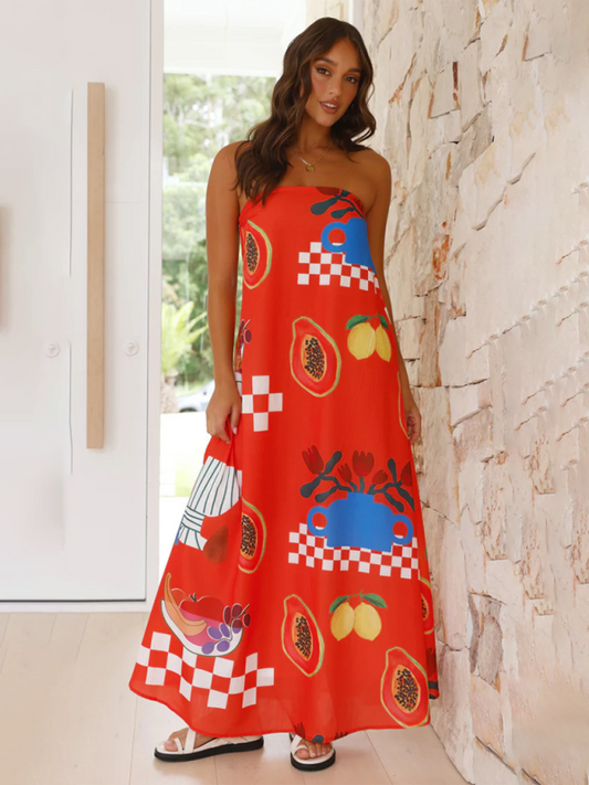 Printed Tube Top Maxi Dress – Strapless Vacation Style in Bold Colors