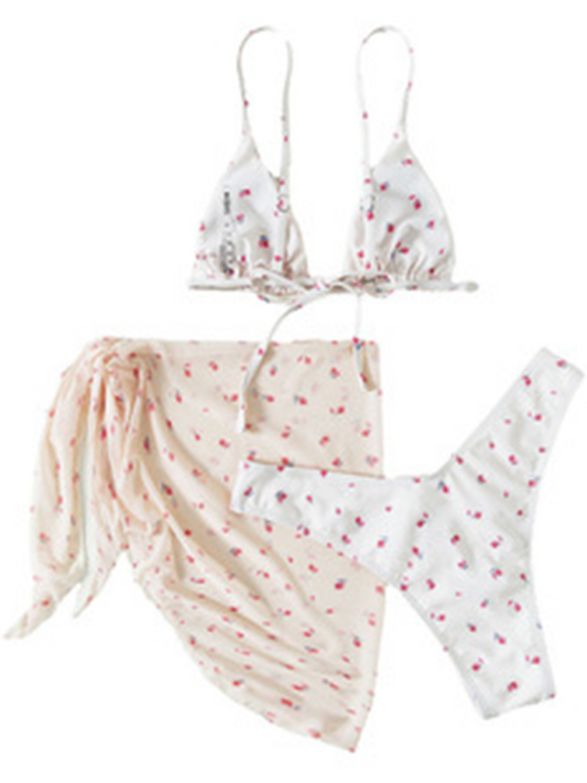 Retro Floral Three-Piece Bikini Set – Sexy Knit with Cover-Up