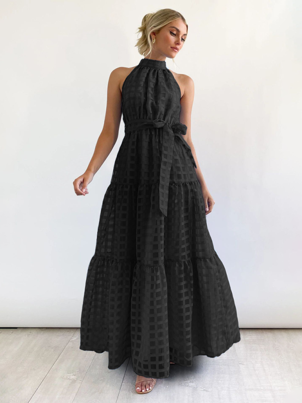 Solid Color Halter Midi Dress – A-Line Silhouette for Elegant Summer Style