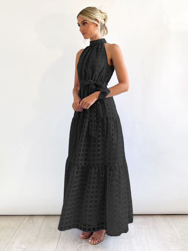 Solid Color Halter Midi Dress – A-Line Silhouette for Elegant Summer Style
