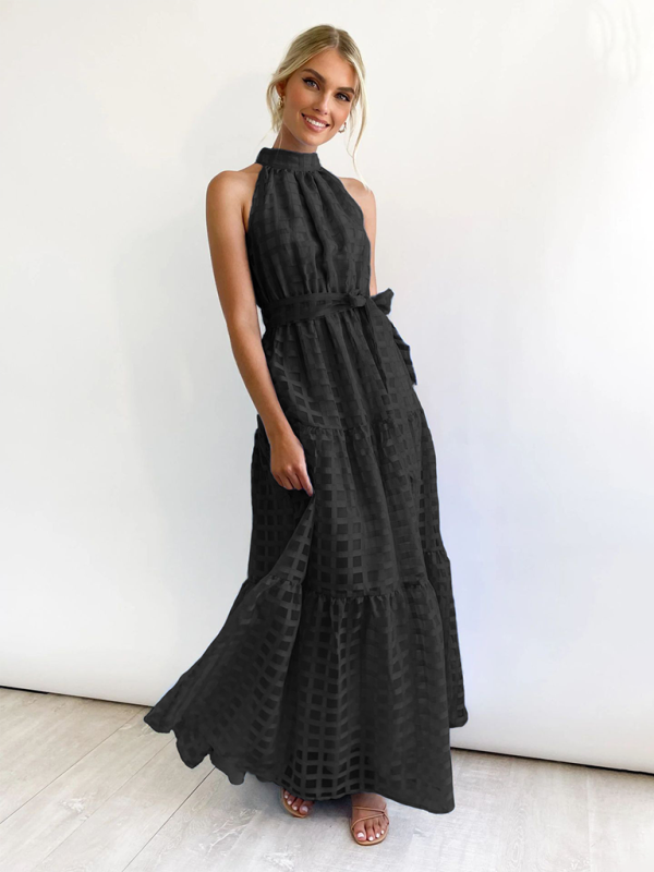 Solid Color Halter Midi Dress – A-Line Silhouette for Elegant Summer Style
