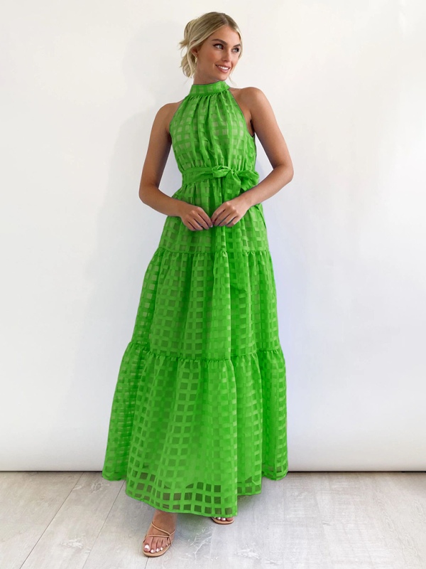 Solid Color Halter Midi Dress – A-Line Silhouette for Elegant Summer Style