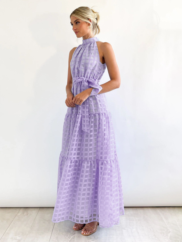 Solid Color Halter Midi Dress – A-Line Silhouette for Elegant Summer Style