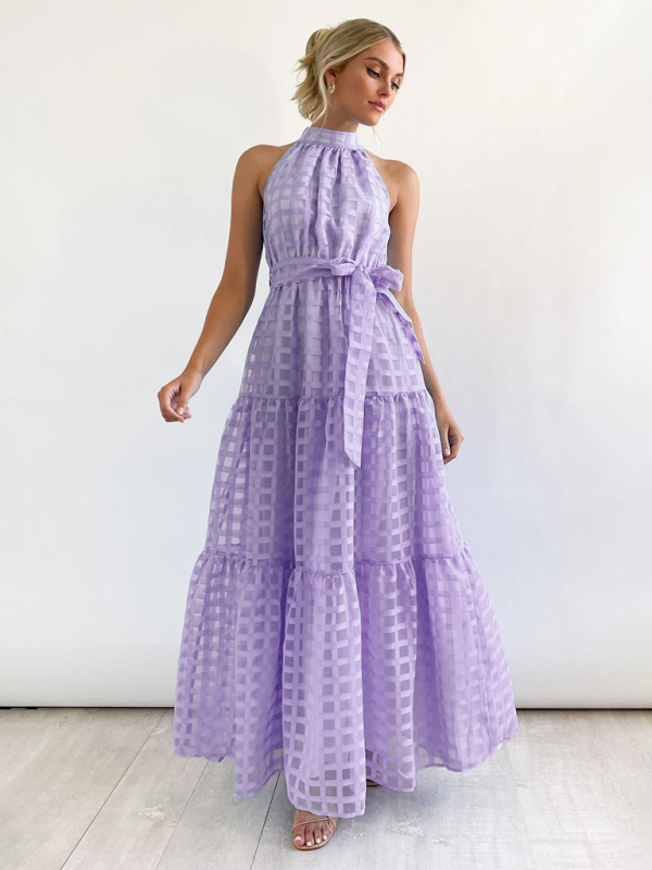Solid Color Halter Midi Dress – A-Line Silhouette for Elegant Summer Style