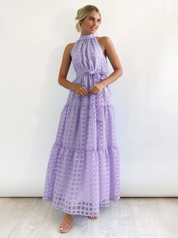 Solid Color Halter Midi Dress – A-Line Silhouette for Elegant Summer Style