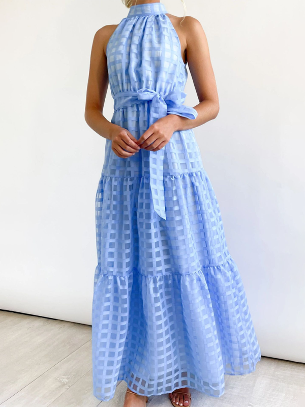 Solid Color Halter Midi Dress – A-Line Silhouette for Elegant Summer Style