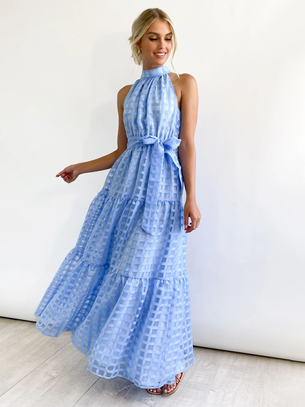 Solid Color Halter Midi Dress – A-Line Silhouette for Elegant Summer Style