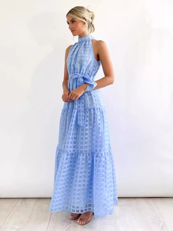 Solid Color Halter Midi Dress – A-Line Silhouette for Elegant Summer Style