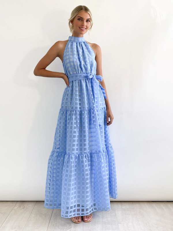 Solid Color Halter Midi Dress – A-Line Silhouette for Elegant Summer Style