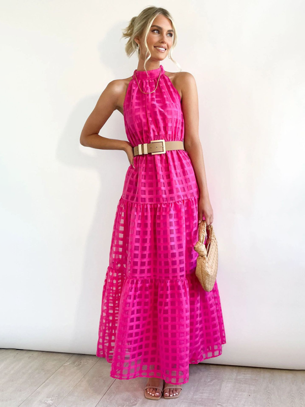 Solid Color Halter Midi Dress – A-Line Silhouette for Elegant Summer Style