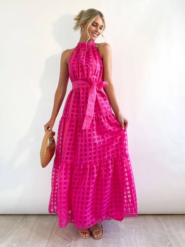 Solid Color Halter Midi Dress – A-Line Silhouette for Elegant Summer Style