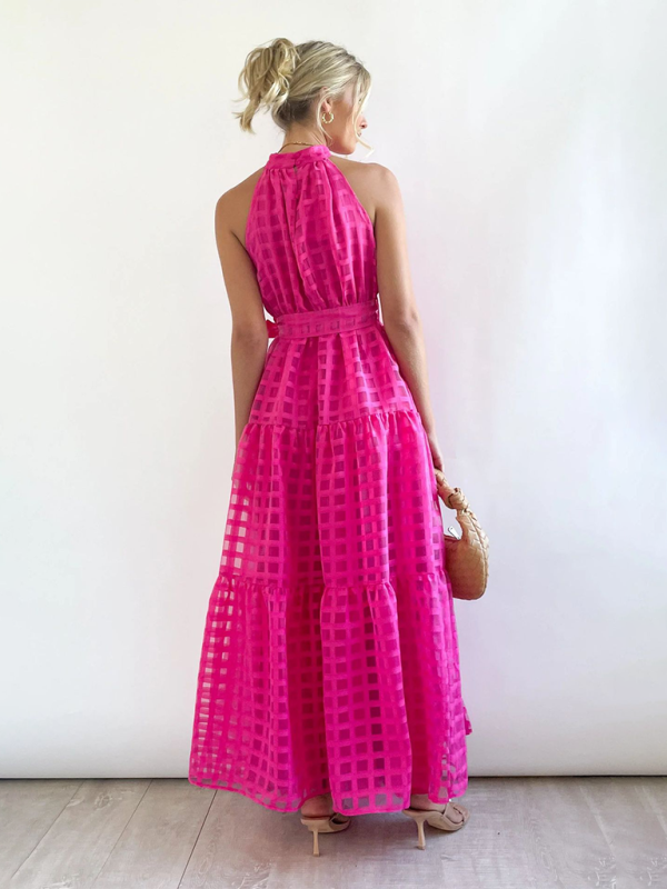 Solid Color Halter Midi Dress – A-Line Silhouette for Elegant Summer Style