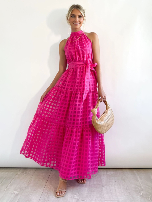 Solid Color Halter Midi Dress – A-Line Silhouette for Elegant Summer Style