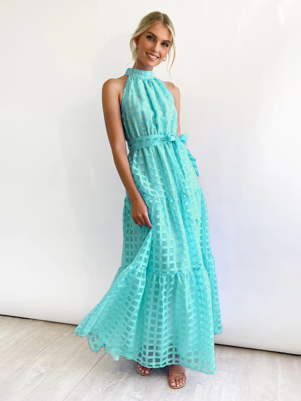Solid Color Halter Midi Dress – A-Line Silhouette for Elegant Summer Style