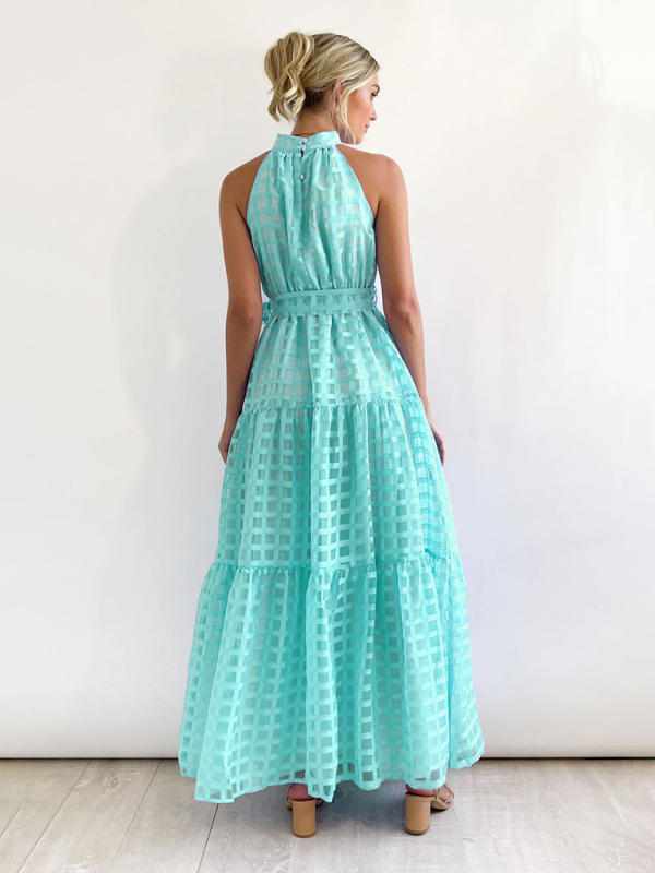 Solid Color Halter Midi Dress – A-Line Silhouette for Elegant Summer Style