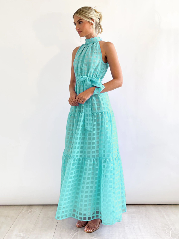 Solid Color Halter Midi Dress – A-Line Silhouette for Elegant Summer Style