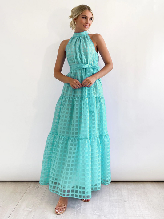 Solid Color Halter Midi Dress – A-Line Silhouette for Elegant Summer Style