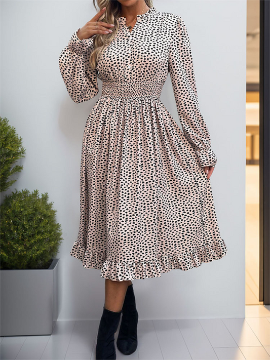 Leopard Print Long Sleeve Dress – Woven Fit for Fall-Winter in Khaki