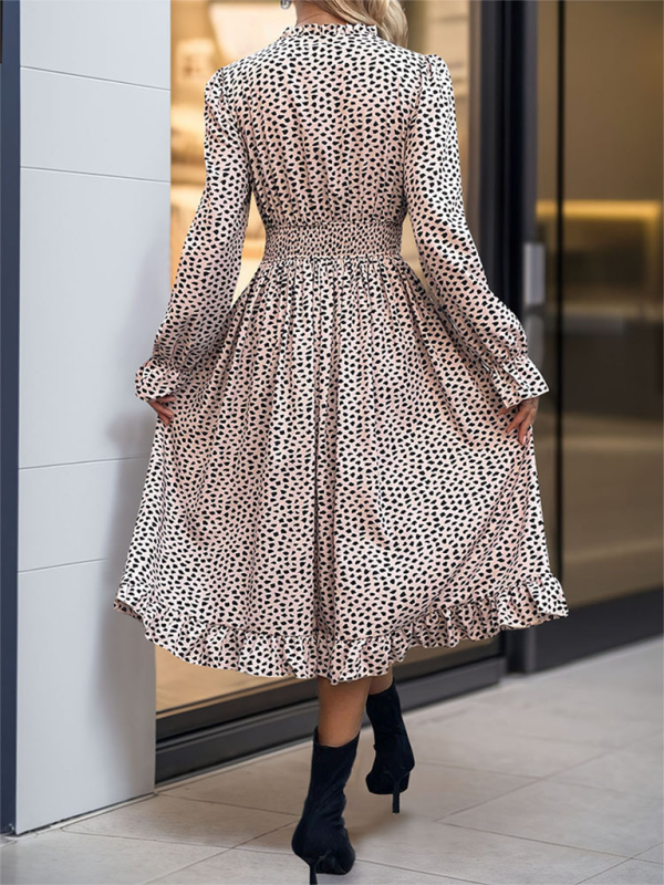 Leopard Print Long Sleeve Dress – Woven Fit for Fall-Winter in Khaki