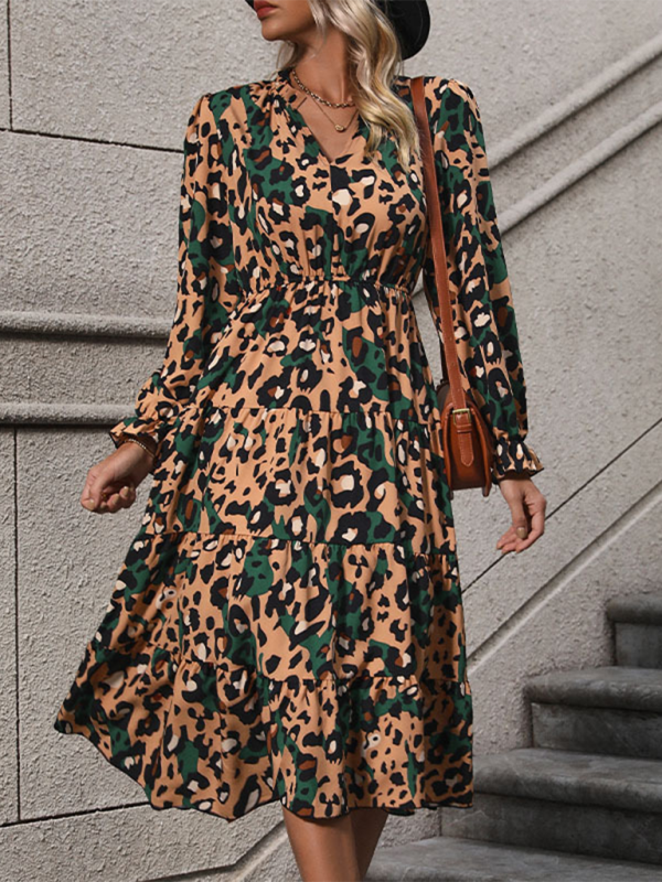 Leopard Print Long Sleeve Midi Dress – Autumn Elegance in Khaki