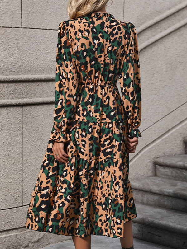 Leopard Print Long Sleeve Midi Dress – Autumn Elegance in Khaki