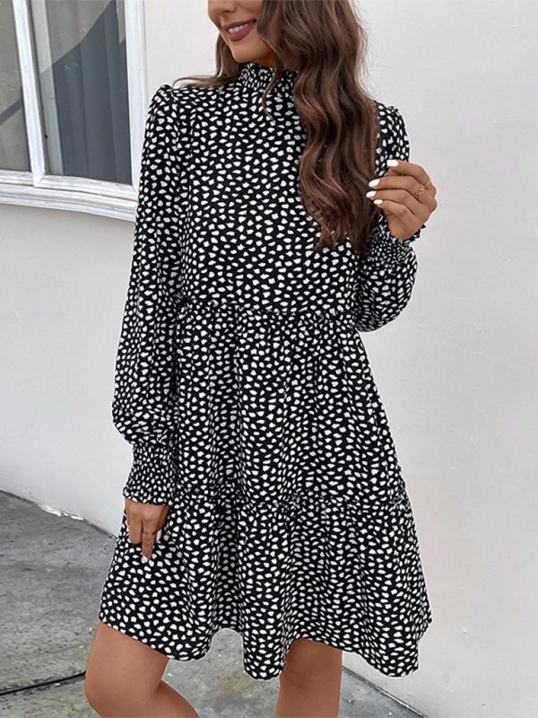 Leopard Print Loose Long Sleeve Dress – Stand Collar, Lightweight Spring Fit