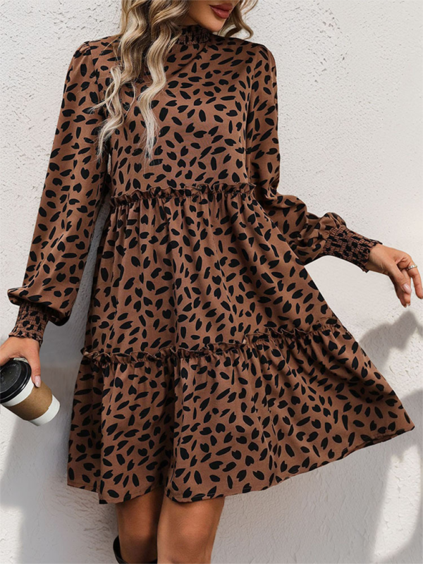 Leopard Print Loose Long Sleeve Dress – Stand Collar, Lightweight Spring Fit