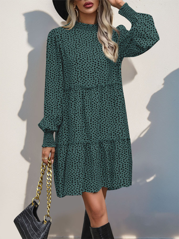 Leopard Print Loose Long Sleeve Dress – Stand Collar, Lightweight Spring Fit