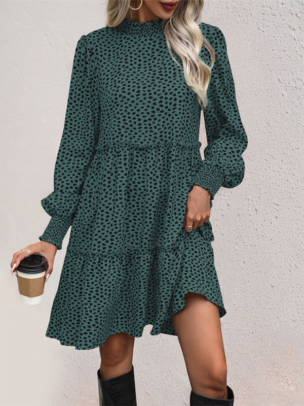 Leopard Print Loose Long Sleeve Dress – Stand Collar, Lightweight Spring Fit