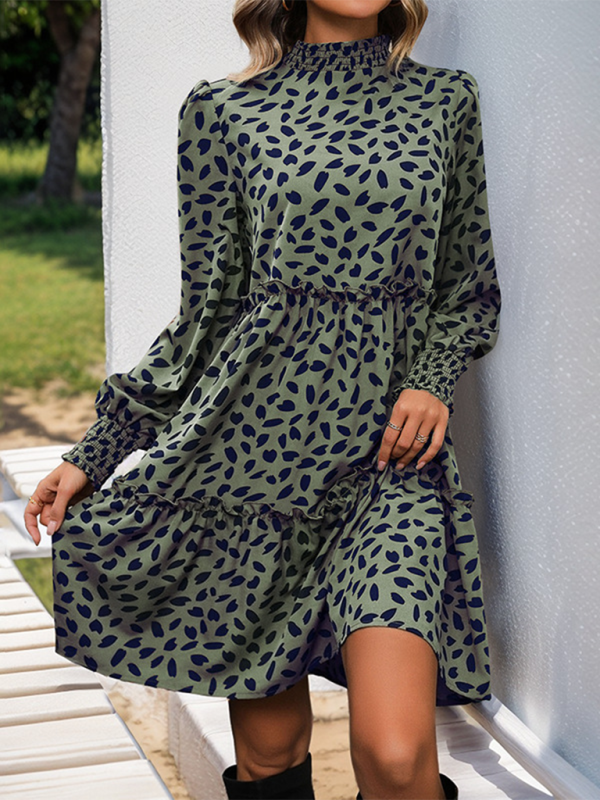 Leopard Print Loose Long Sleeve Dress – Stand Collar, Lightweight Spring Fit