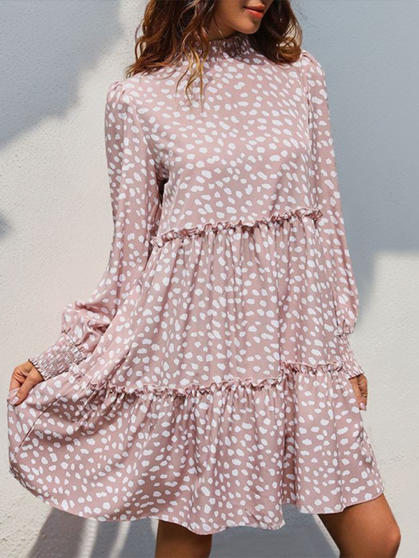 Leopard Print Loose Long Sleeve Dress – Stand Collar, Lightweight Spring Fit