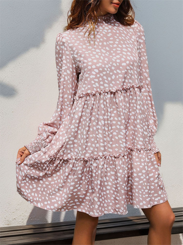 Leopard Print Loose Long Sleeve Dress – Stand Collar, Lightweight Spring Fit